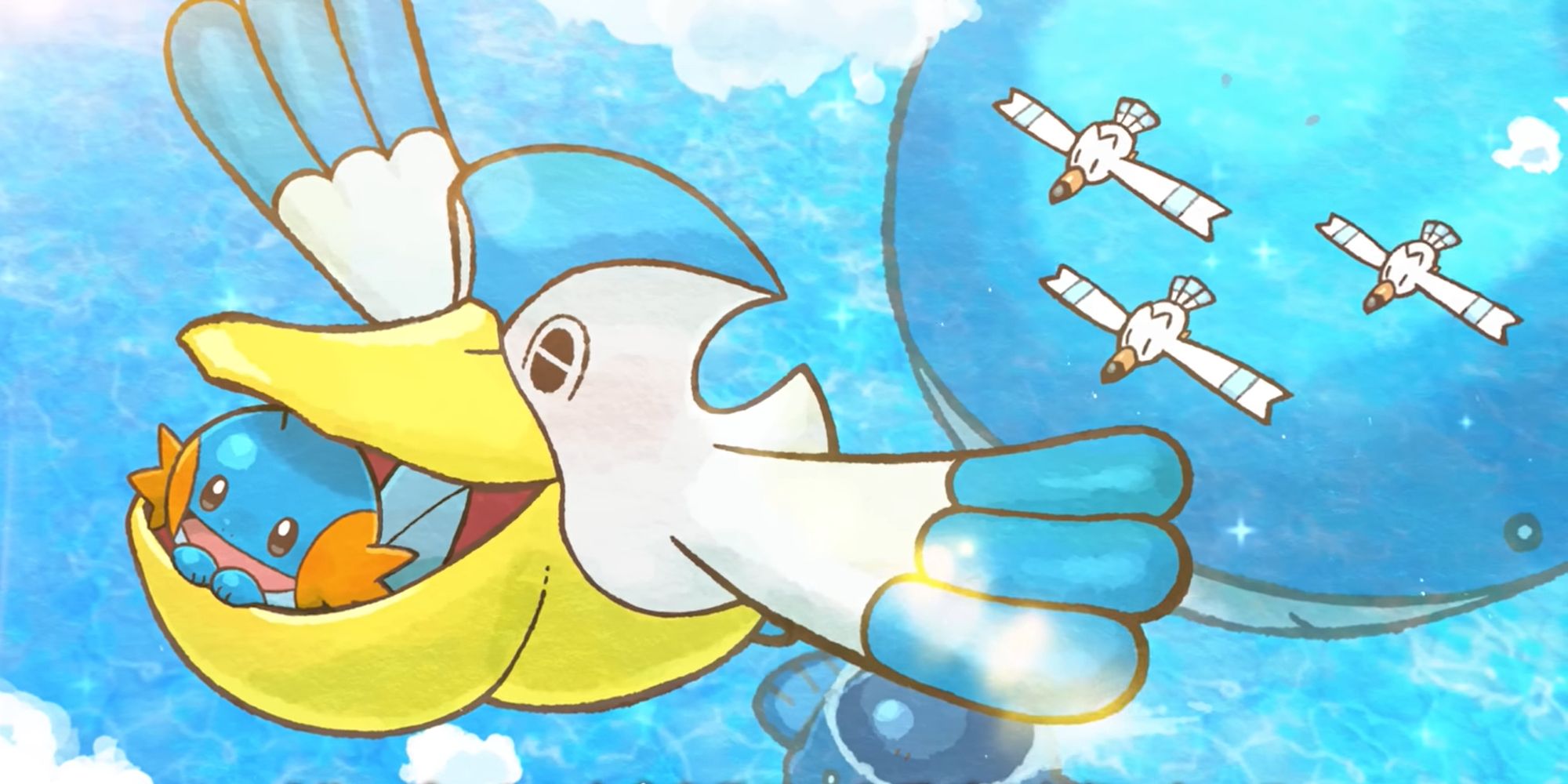 Mudkip rides through the clear blue sky in Pelipper's mouth above a group of Wingull and a Wailord.