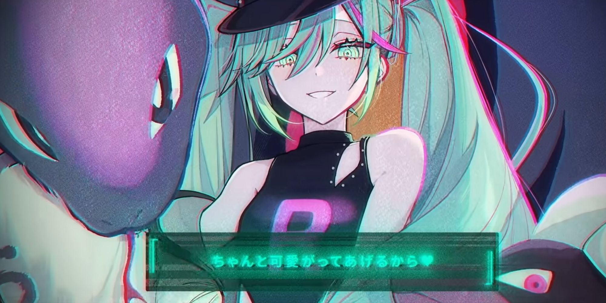 Hatsune Miku in uniform as part of Team Rocket, surrounded by her evil Pokemon