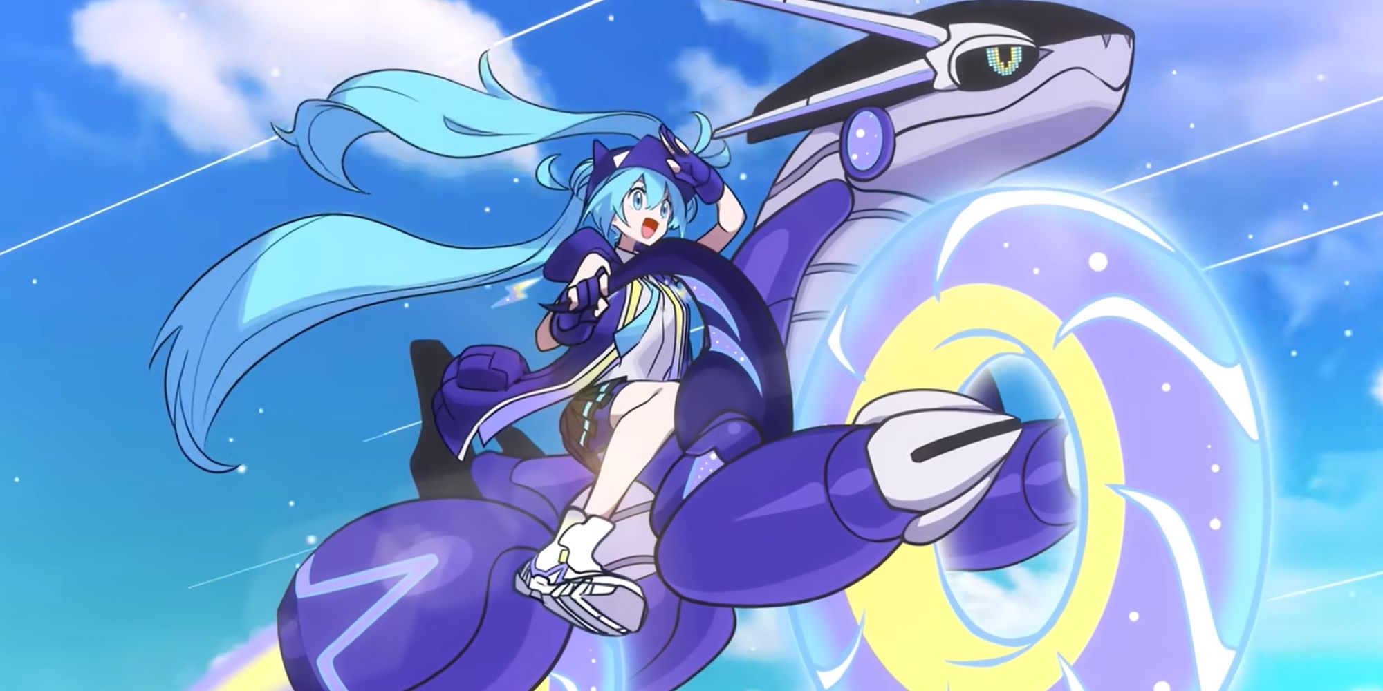 Hatsune Miku points her Miraidon foreword as they ride together.