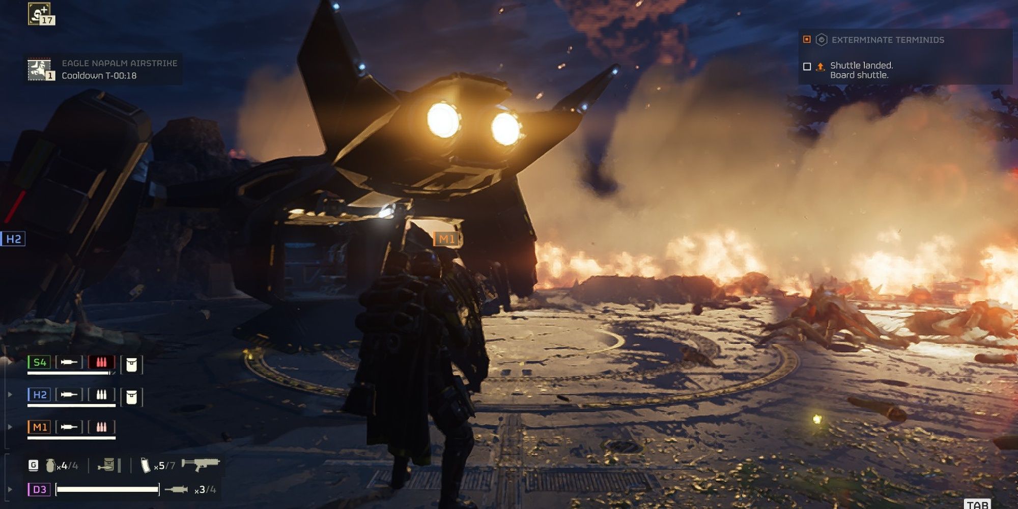 Helldivers 2: A Helldiver Heading To The Dropship As It Lands