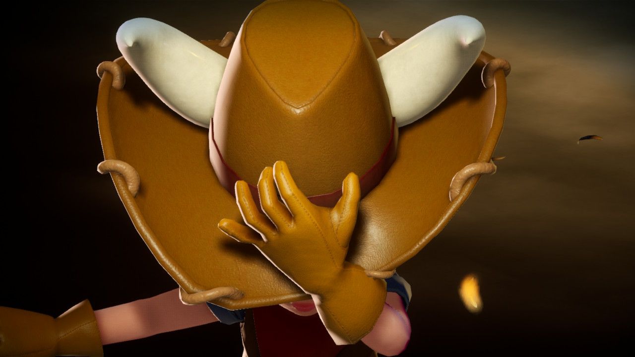 Princess Peach Showtime Peach pulling a stetson over her head