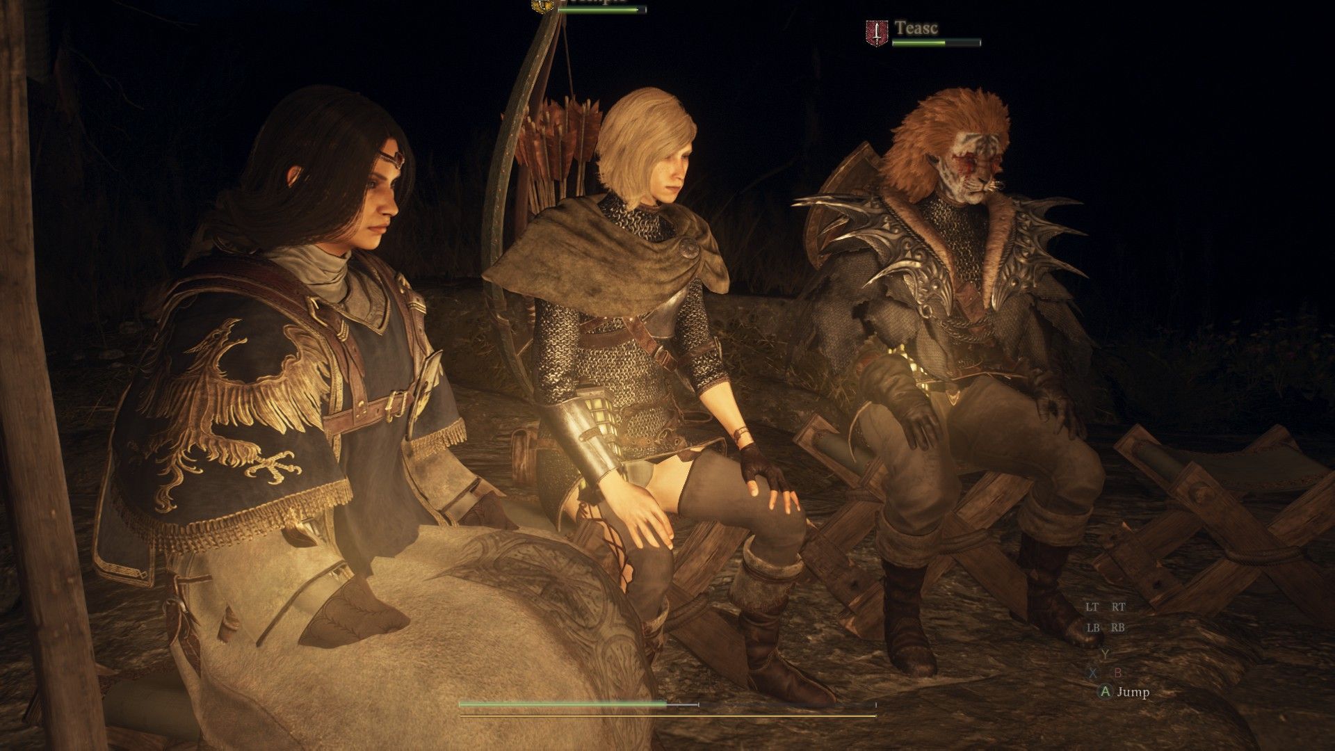 Pawns all sat together by a campfire at night with UI elements, including the partially depleted Loss Gauge, on display