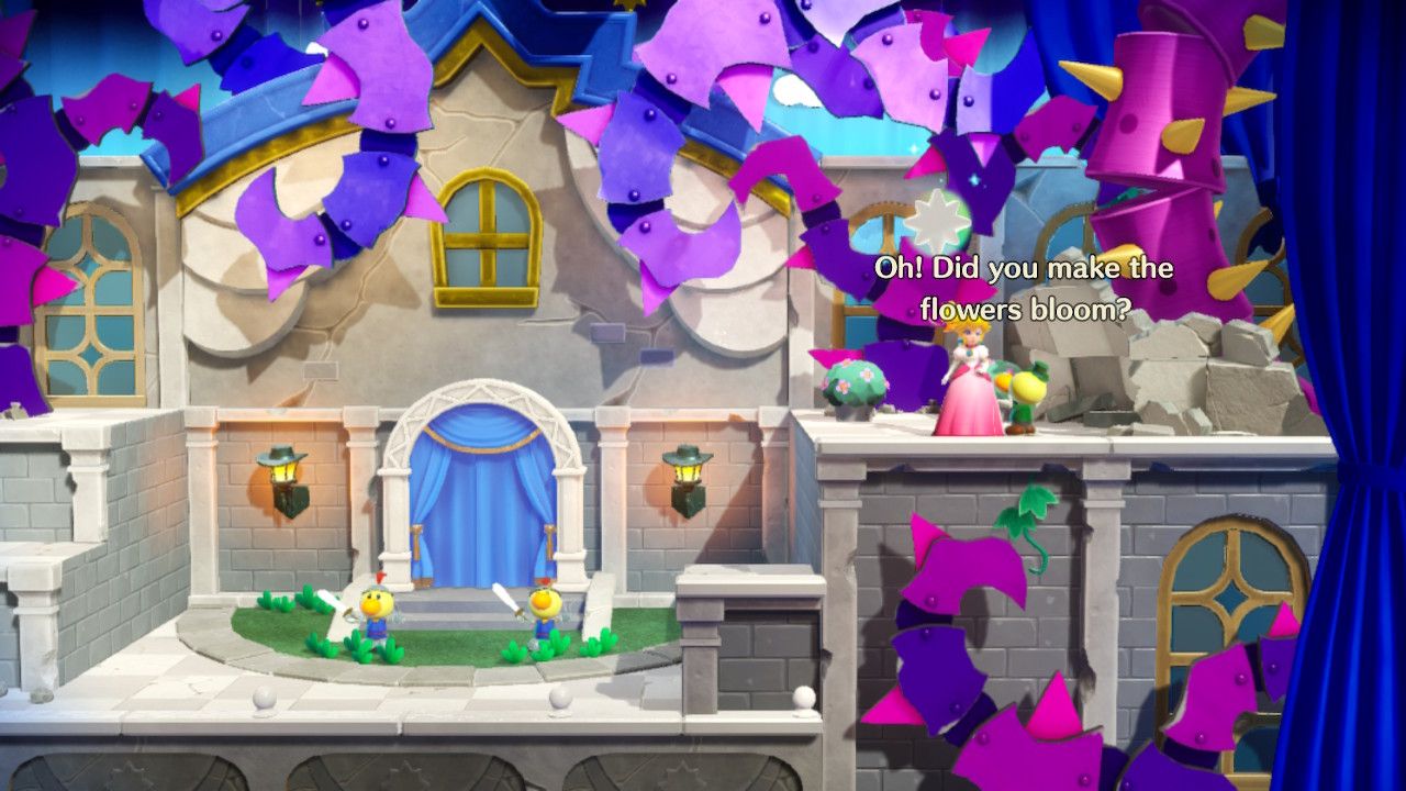 Princess Peach Showtime Peach on the right of the blue curtain