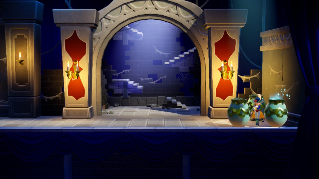 Princess Peach Showtime Peach finding a Gem in a vase by the castle stairs