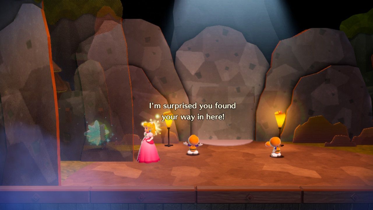 Princess Peach Showtime Peach finding a Gem behind a rock
