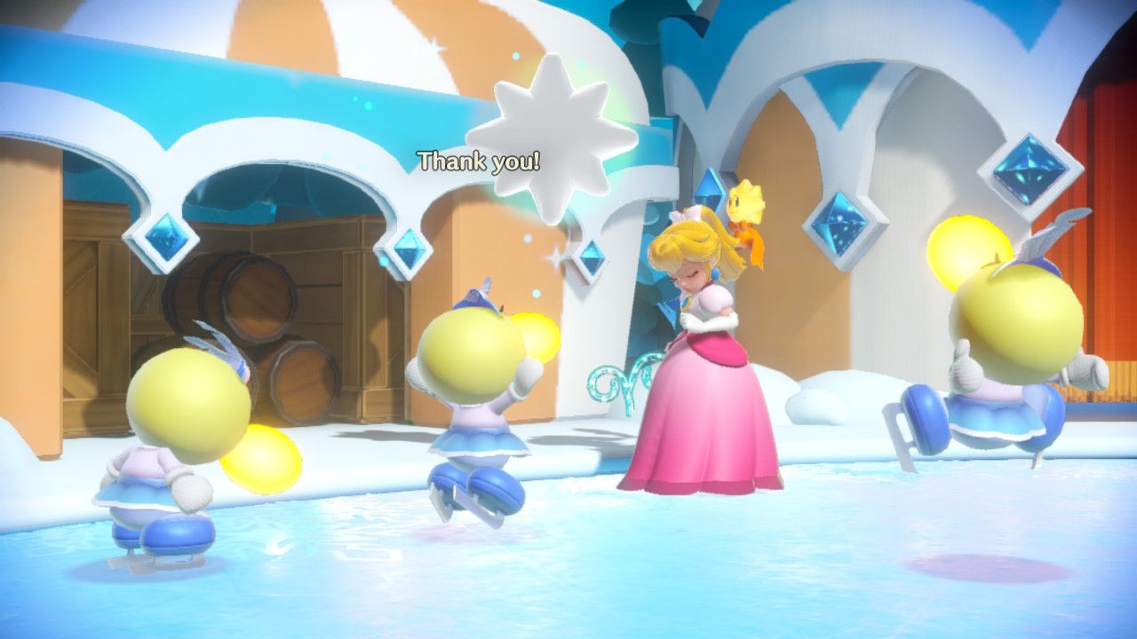 Princess Peach Showtime Peach with three happy skaters next to her