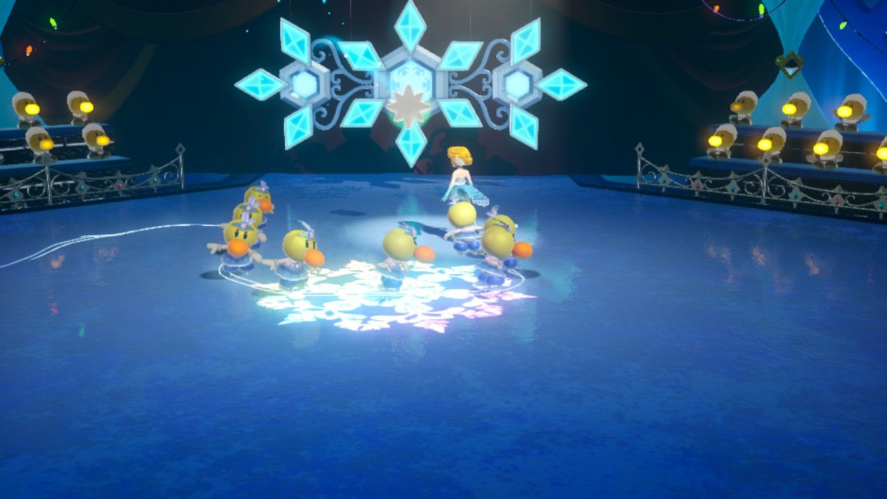 Princess Peach Showtime Peach moving towards the central snowflake