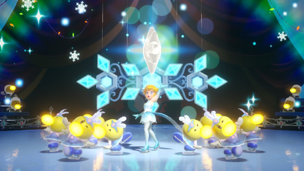 Princess Peach Showtime Peach celebrating with an even bigger crowd of skaters