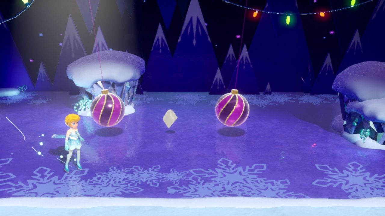 Princess Peach Showtime Peach skating between the swinging baubles