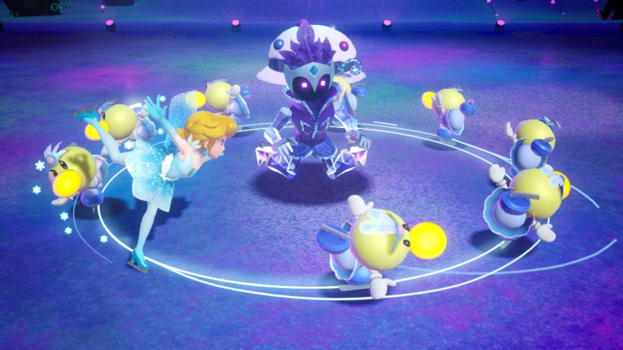Princess Peach Showtime Peach spinning around the final boss in A Snow Flower on Ice
