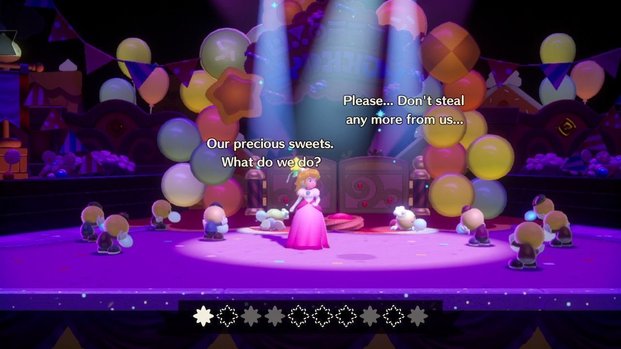 Princess Peach Showtime Peach saving the cookie villagers from the bandits