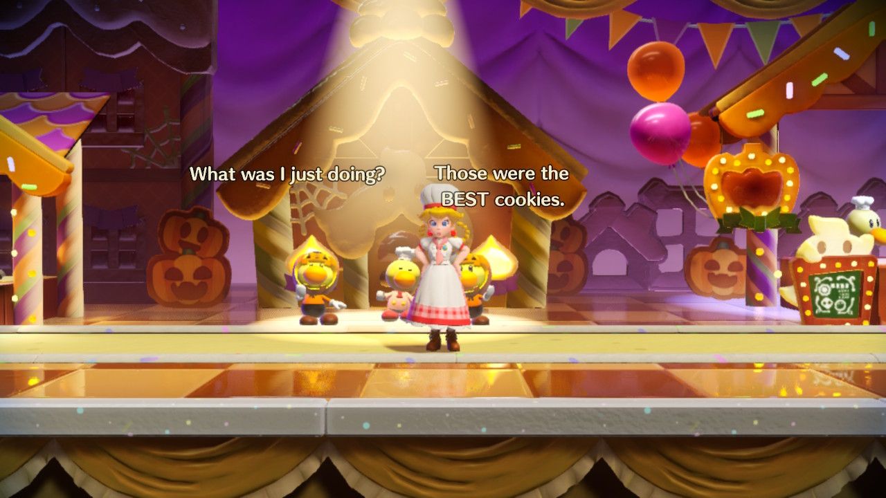 Princess Peach Showtime Peach helping the baker outside the hut