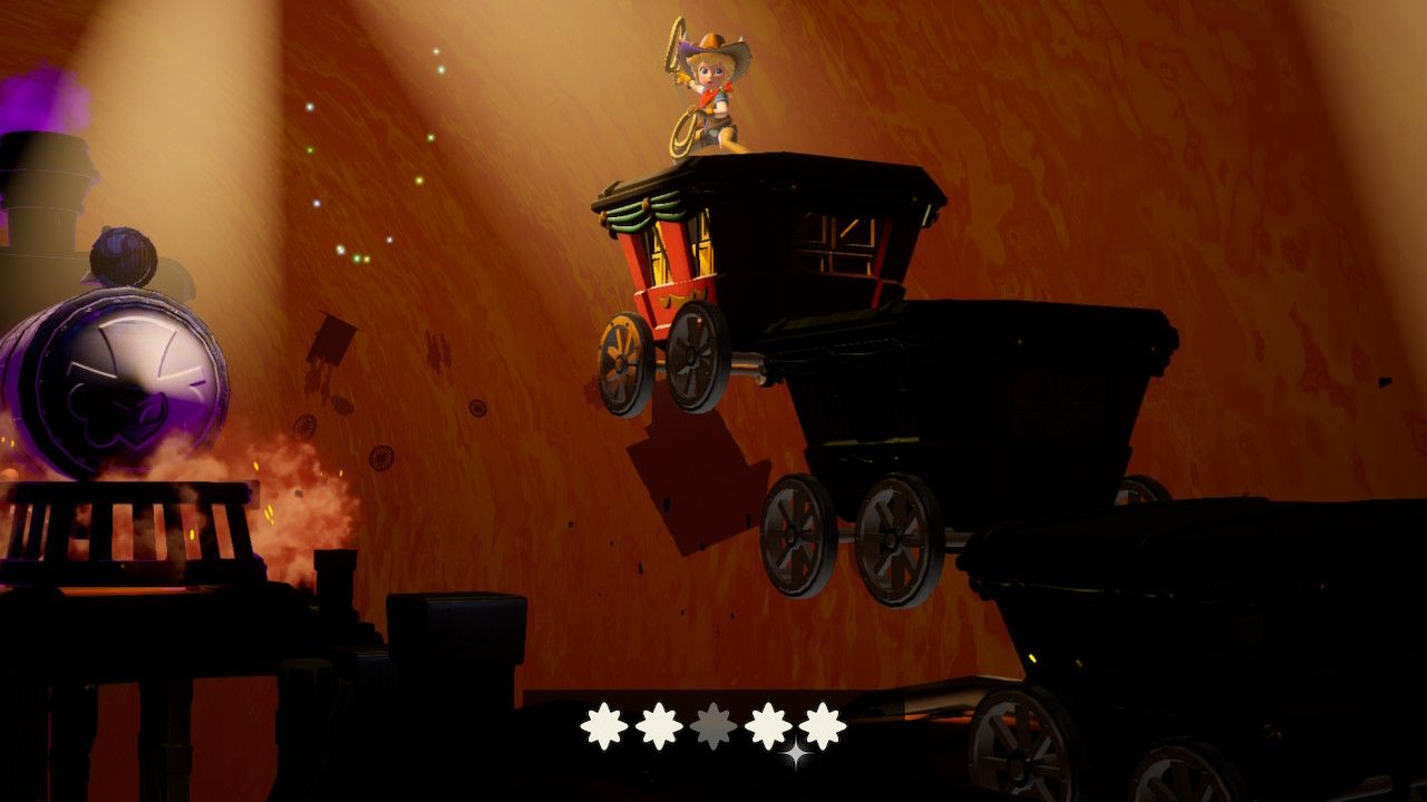 Princess Peach Showtime Peach leaping away from the train