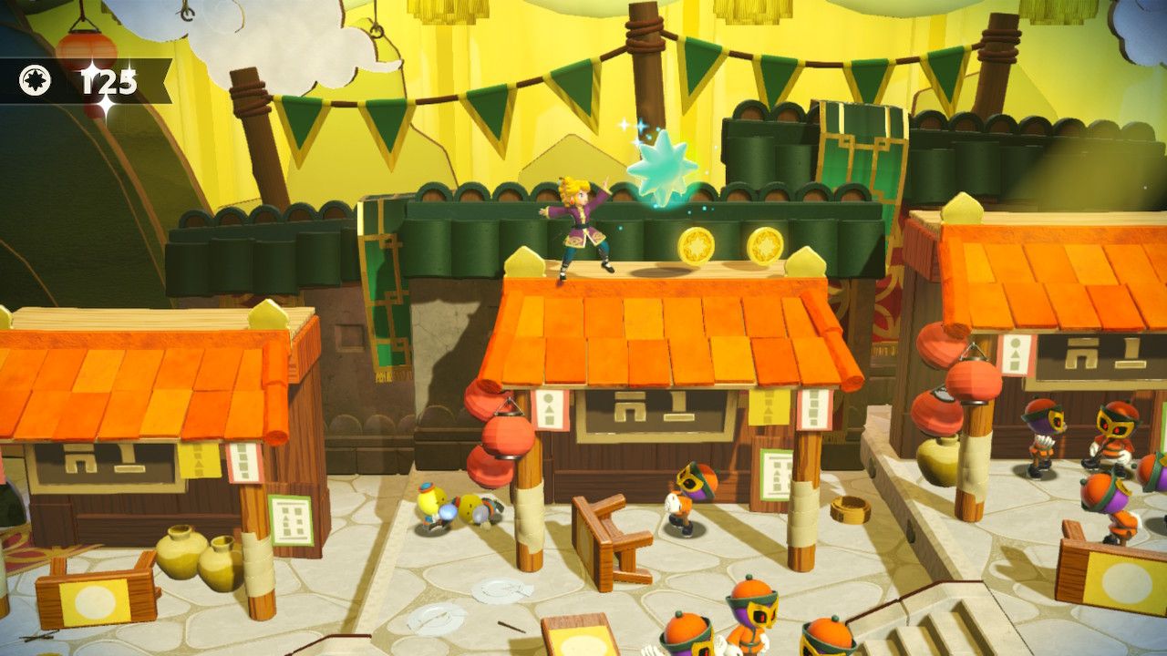 Peach on top of the market stall with a Gem in Princess Peach Showtime