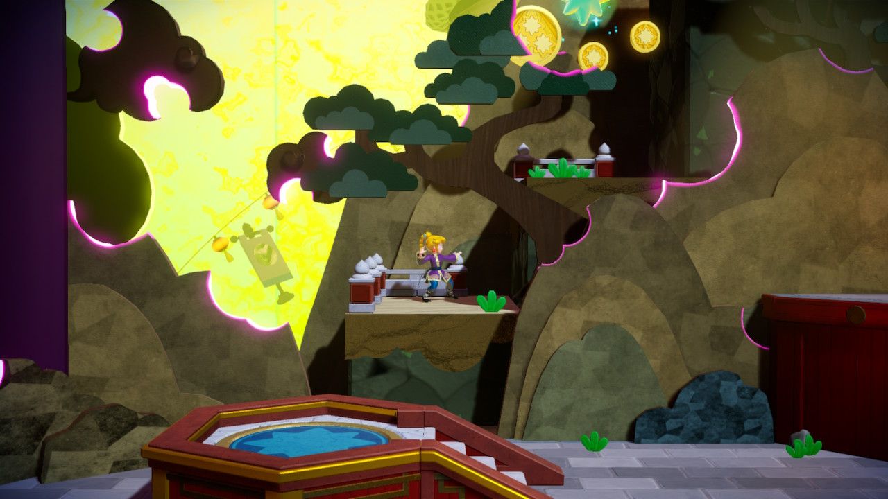 Princess Peach Showtime Peach climbing the rocks in the background to reach a Gem