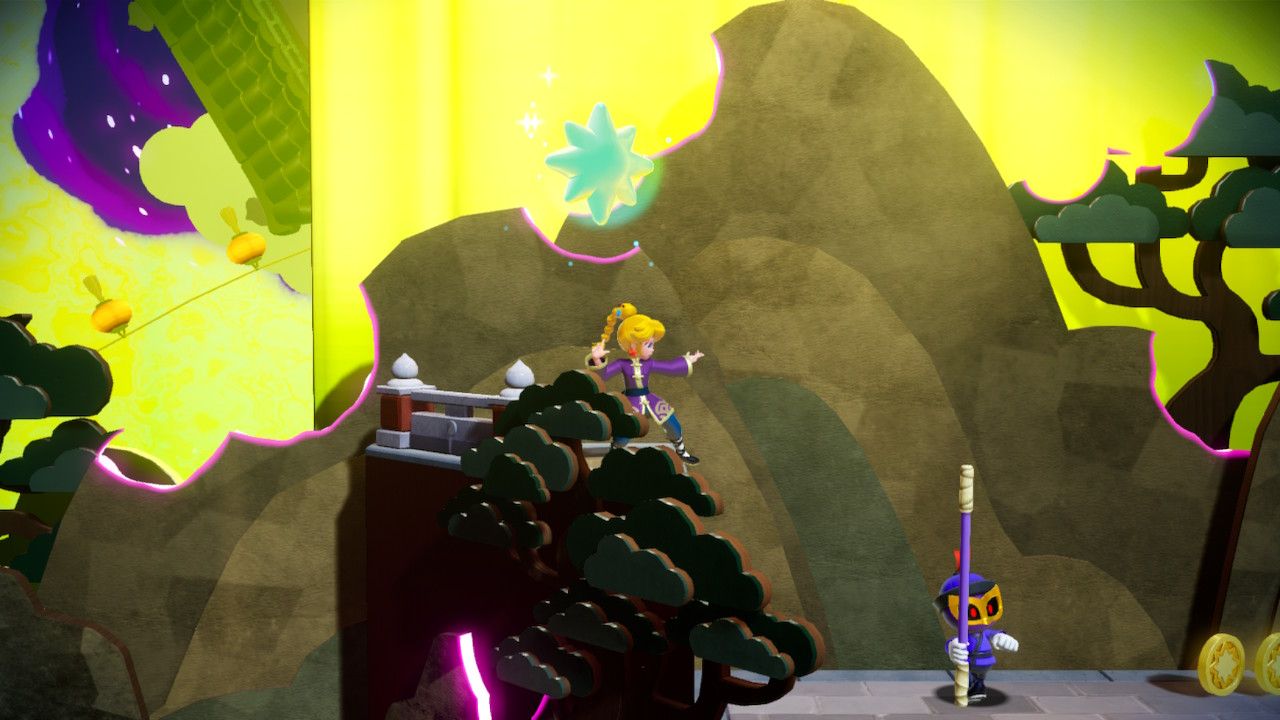 Princess Peach Showtime Peach standing on a ledge to reach a Gem