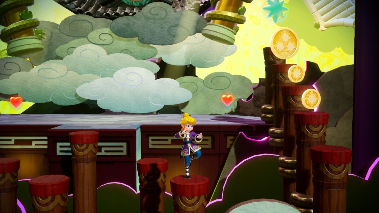 Princess Peach Showtime Peach on the red poles near the steps to the Gem