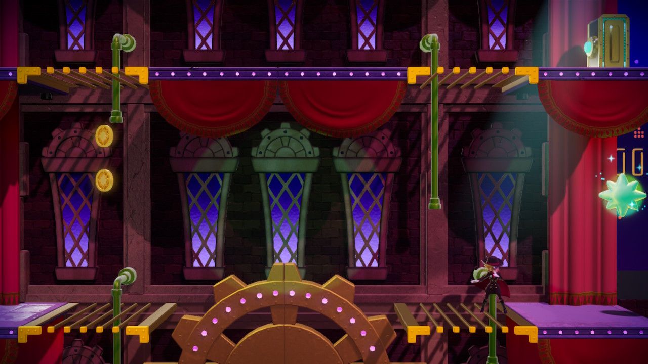 Princess Peach Showtime Peach sliding down a green pipe