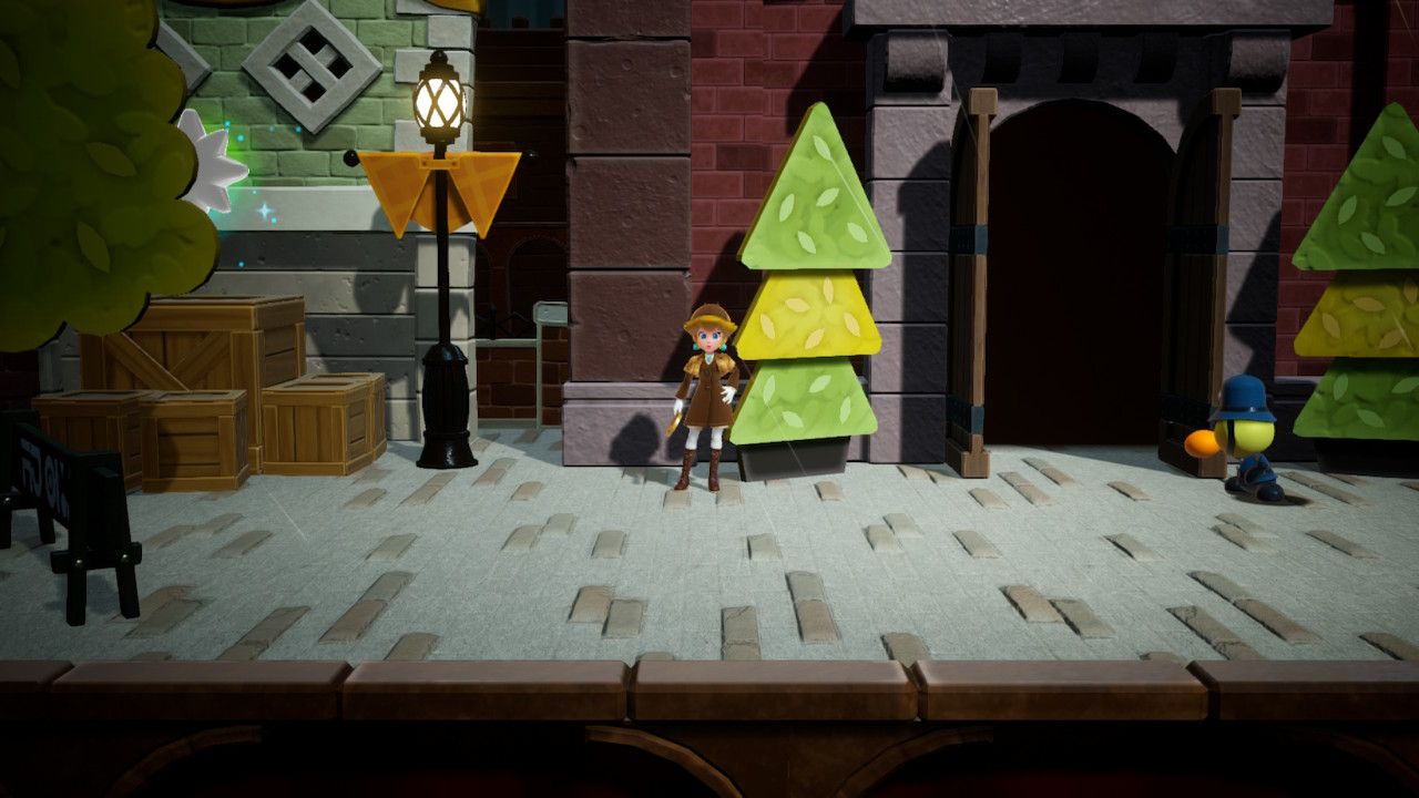 20240319Princess Peach Showtime, Peach looking at the Gem on the stack of crates