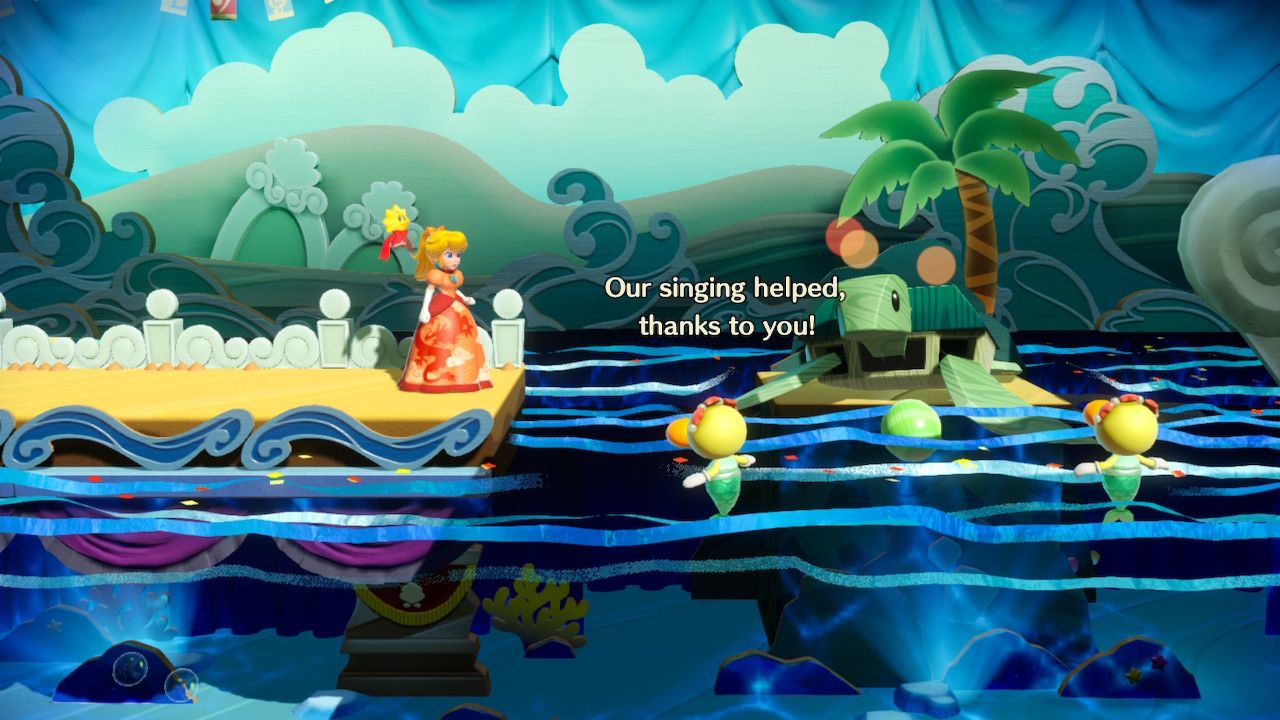 Princess Peach Showtime Peach next to a sad turtle