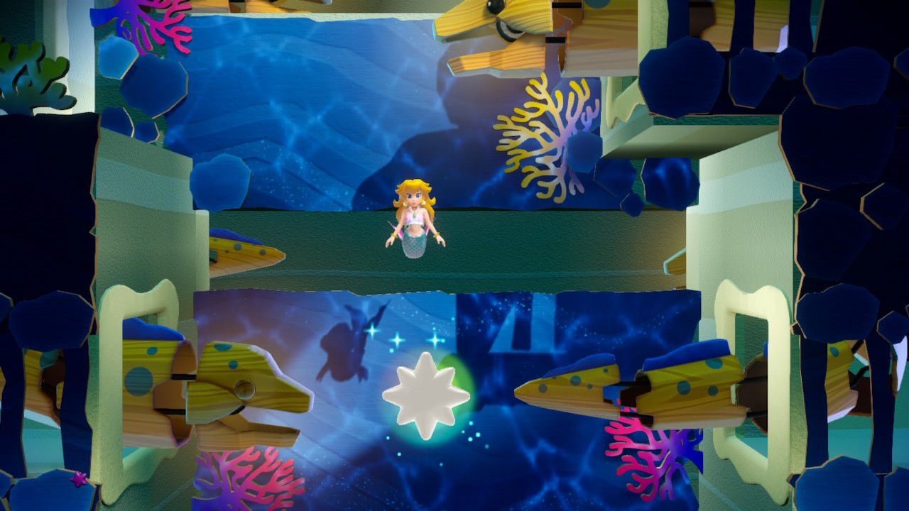 Princess Peach Showtime Peach getting a Gem between the wooden eels