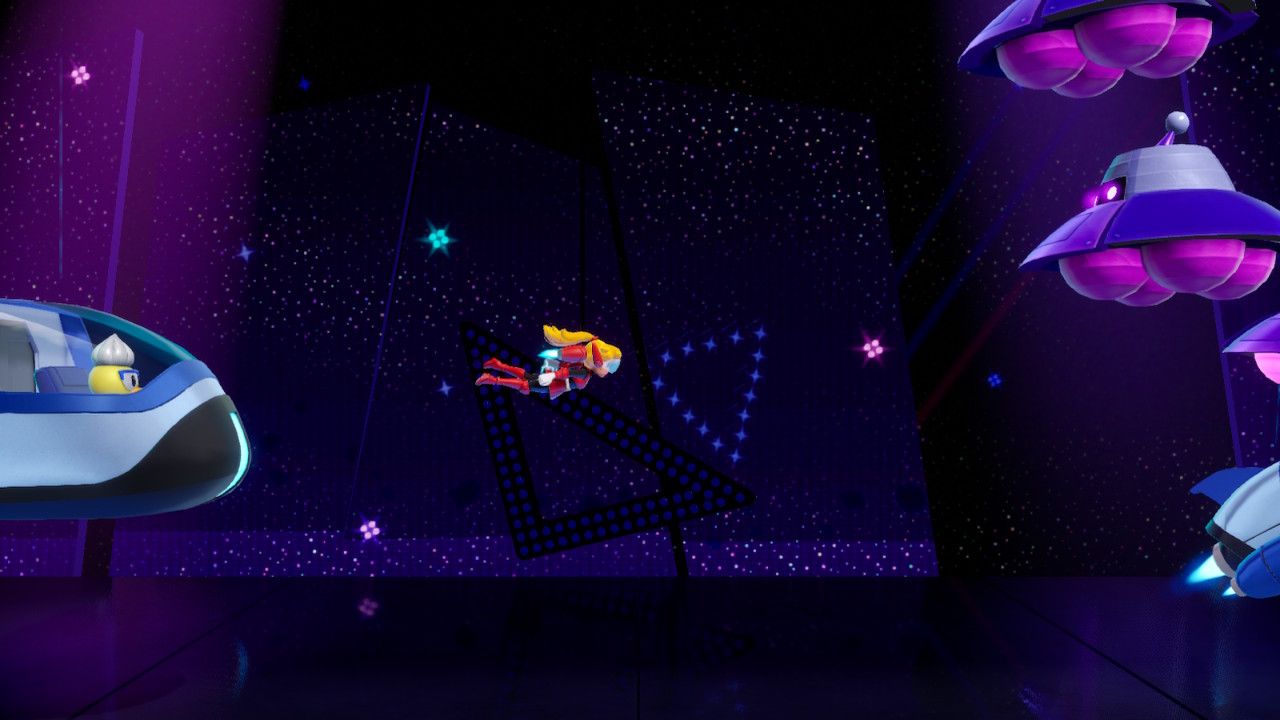 Princess Peach Showtime Mighty Peach flying in a dark sky