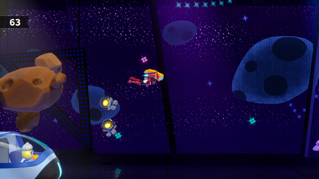 Princess Peach Showtime Mighty Peach floating past scientists