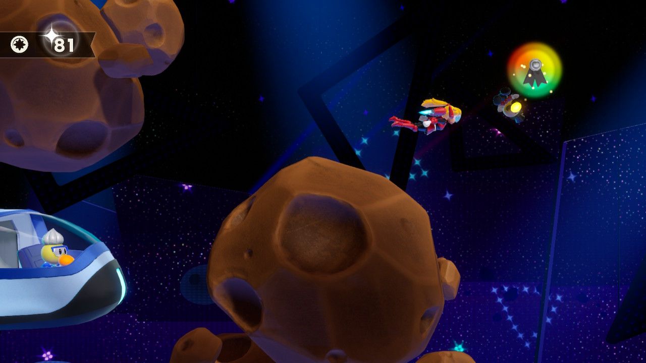 Princess Peach Showtime Peach saving the Ribbon Man in the asteroids of The Rescue