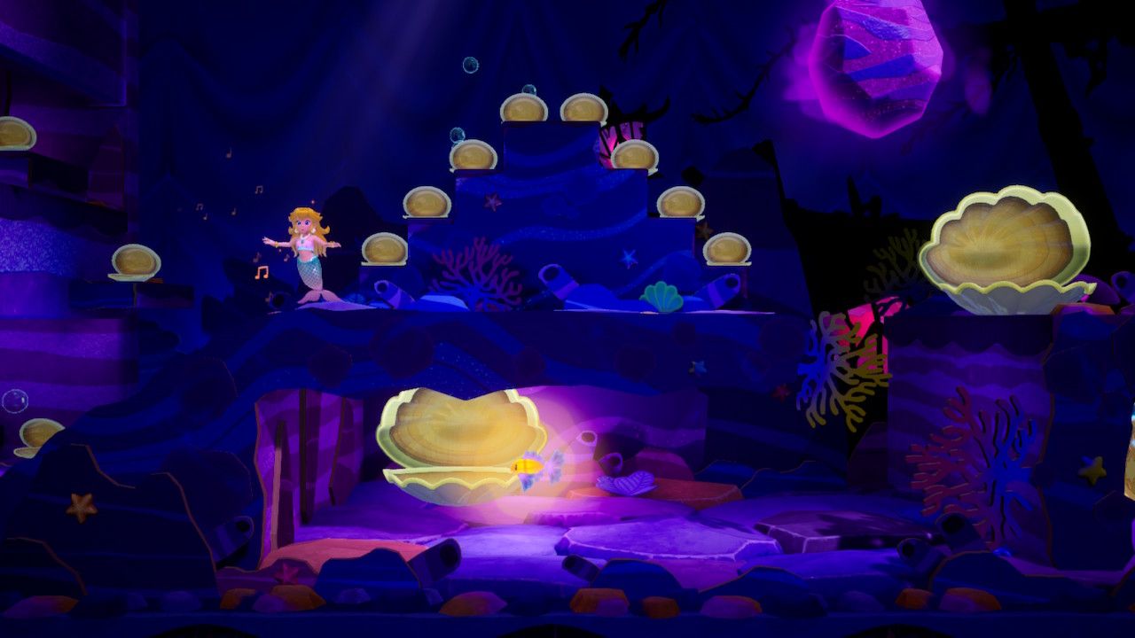 Princess Peach Showtime fish swimming towards the Gem under the rocky alcove