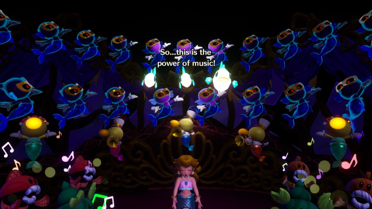 Princess Peach Showtime Peach singing with a large underwater choir