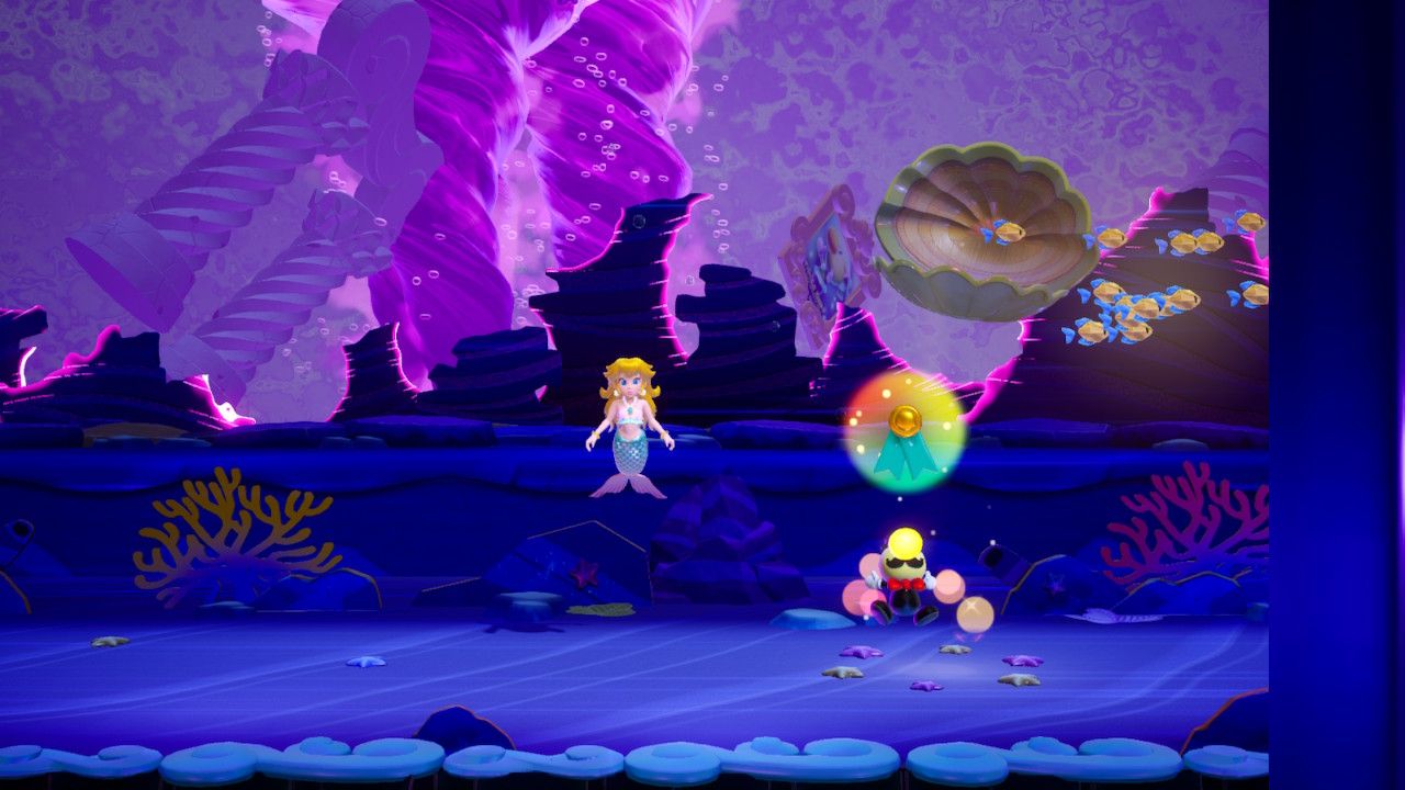 Princess Peach Showtime Peach with the Ribbon man in The Dark Depths