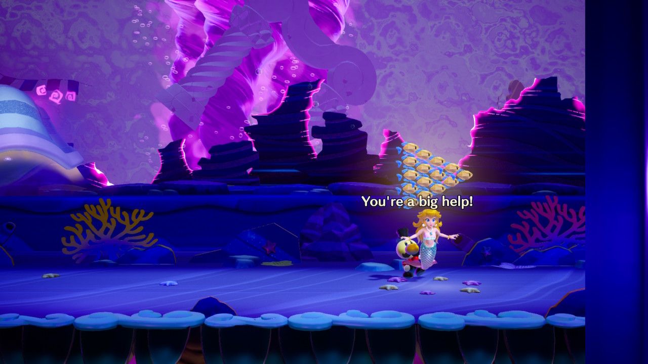Princess Peach Showtime Peach posing on the ring of starfish in the Dark Depths