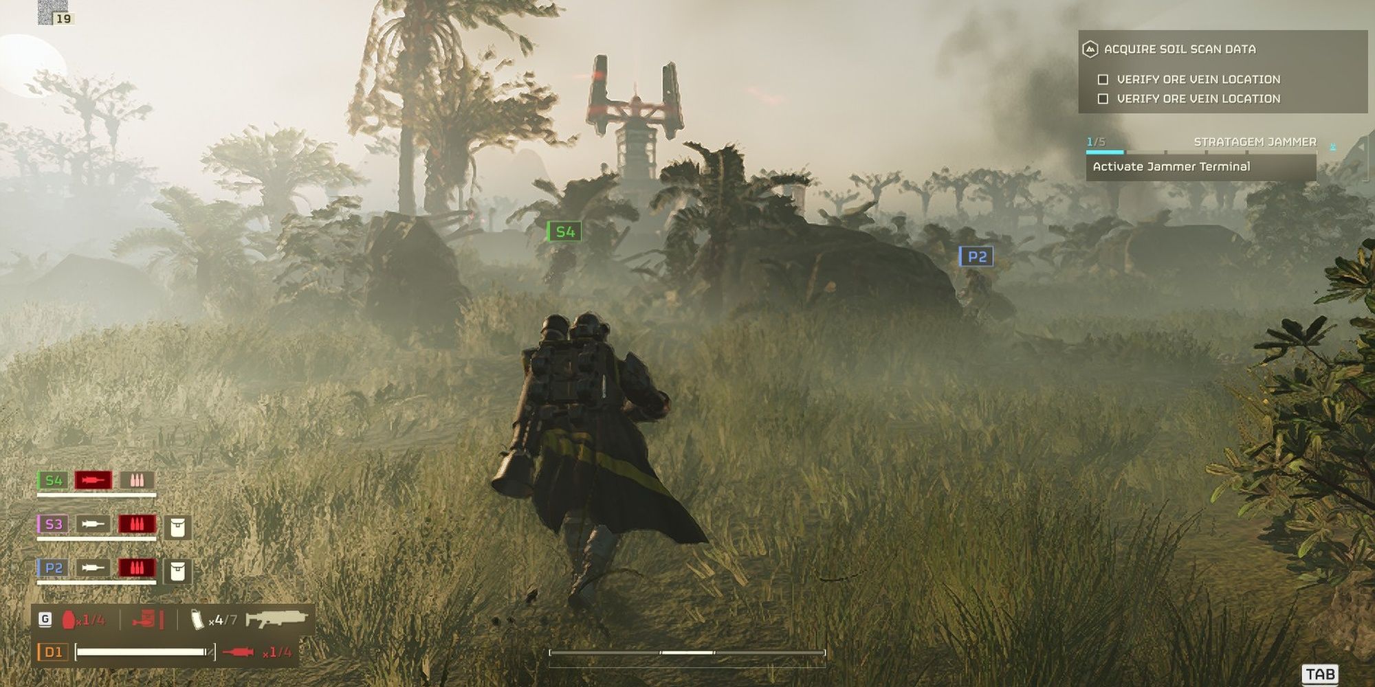 Helldivers 2: A Sqaud Of Helldivers Approaching A Stratagem Jammer