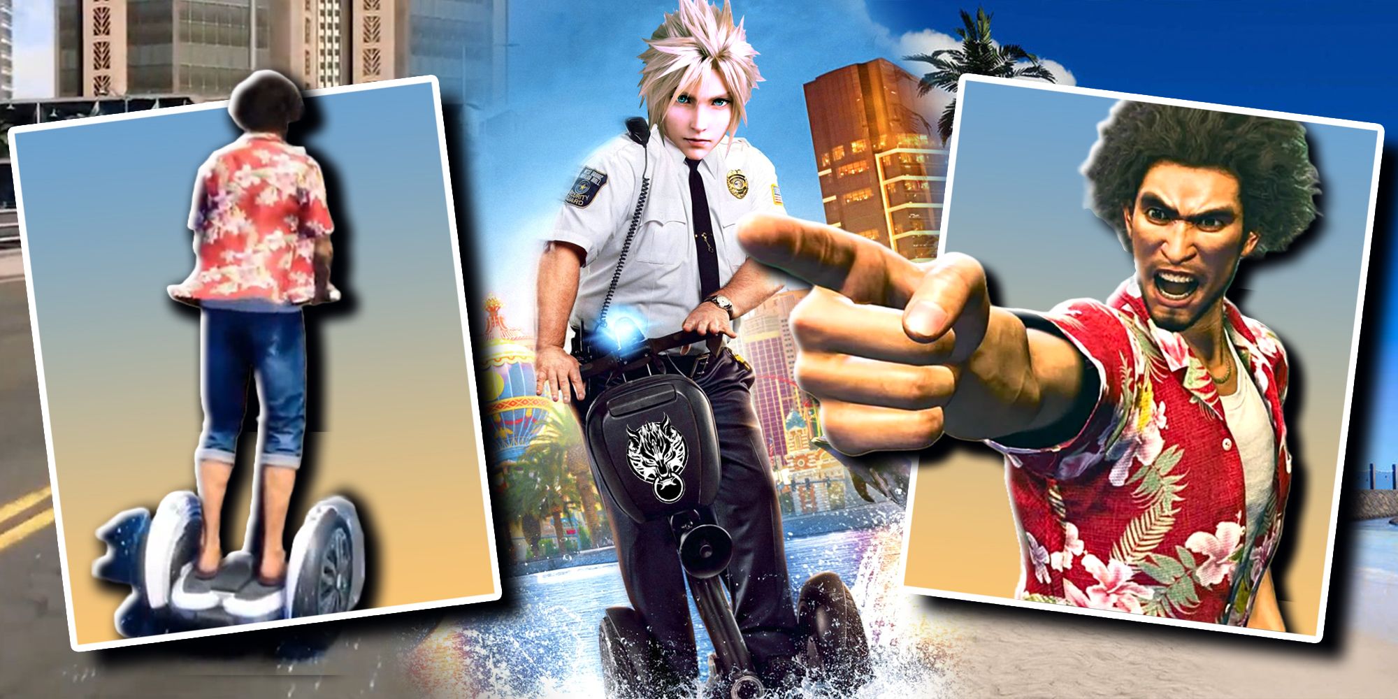 Ichiban Kasuga and Cloud Strife riding segways, photoshopped onto Paul Blart