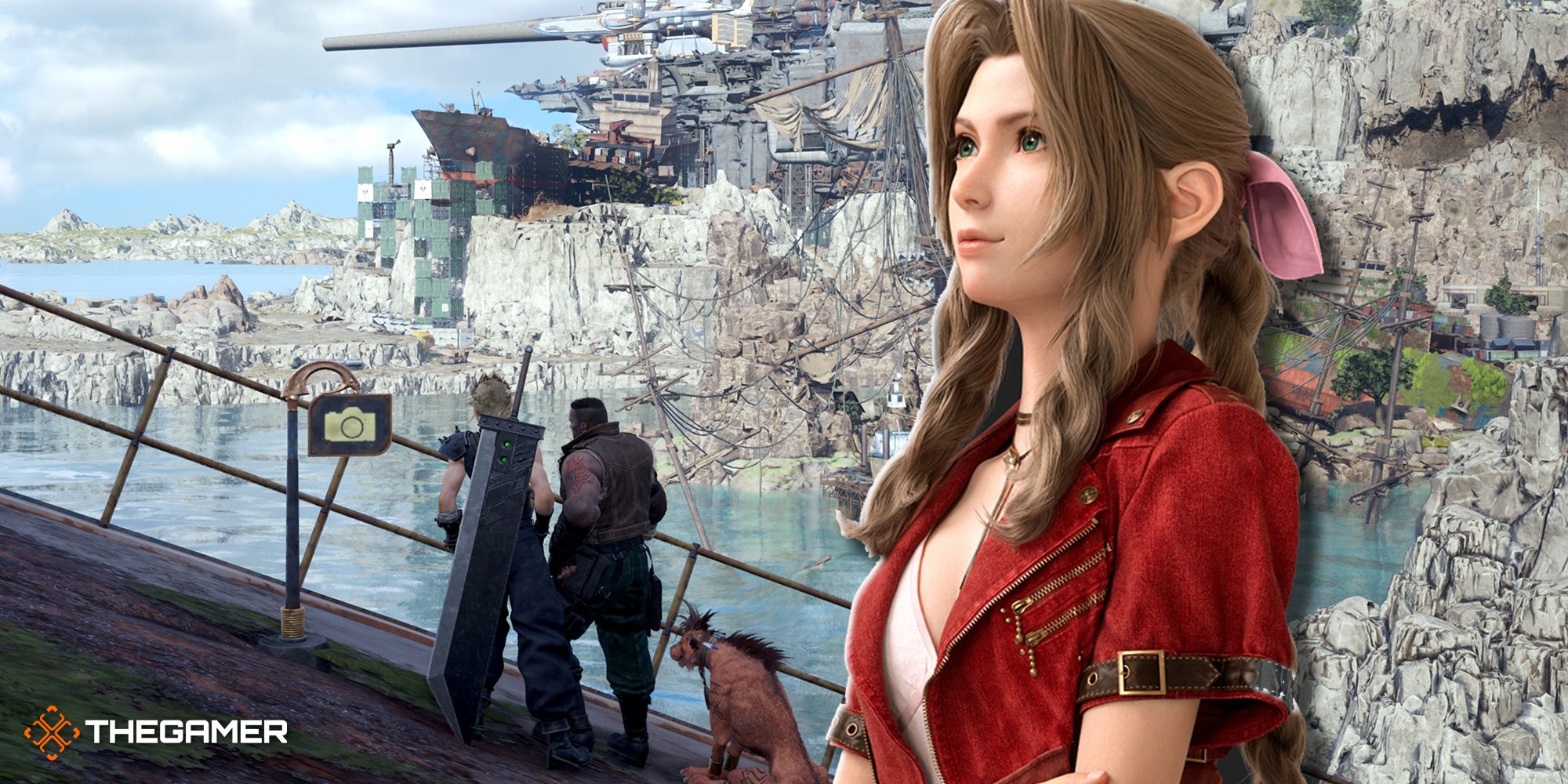 Aerith looking at Cloud, Barret, and Red XIII discovering a photo op moment
