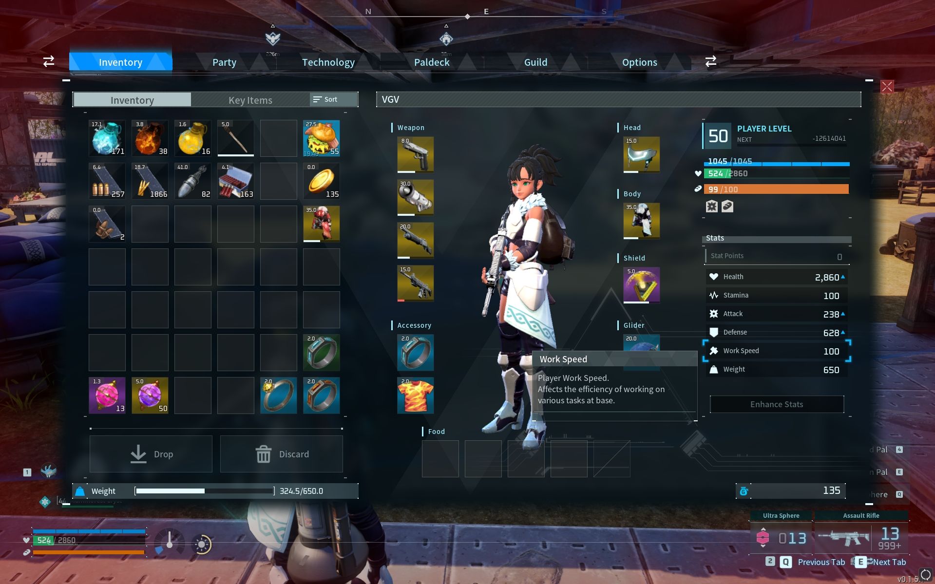 A character's work speed stat showcase in Palworld