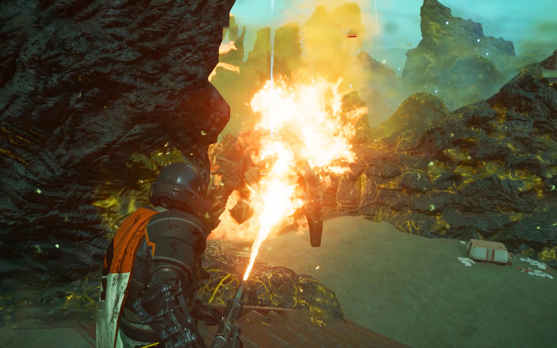 A diver using flamethrower on a Charger in Helldivers 2