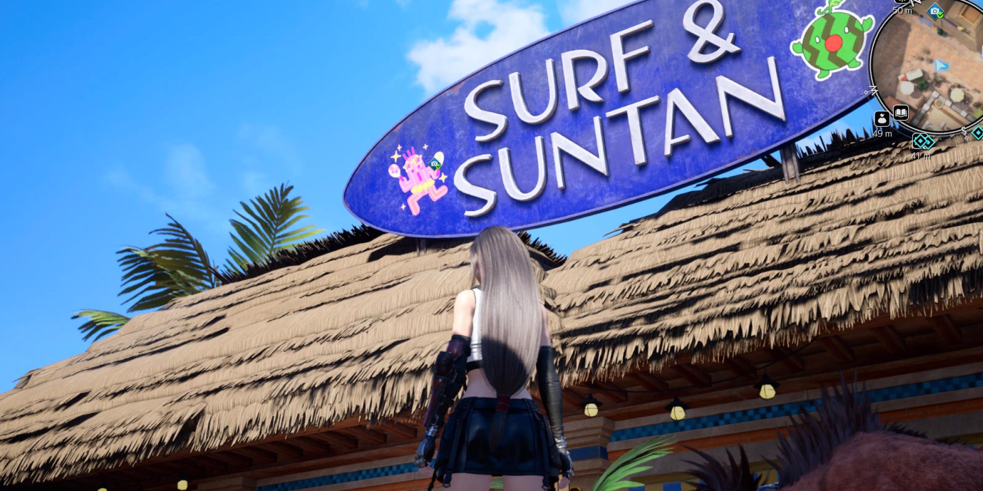 A picture of Tifa looking at the sign of Surf and Suntan -  FF7 Rebirth