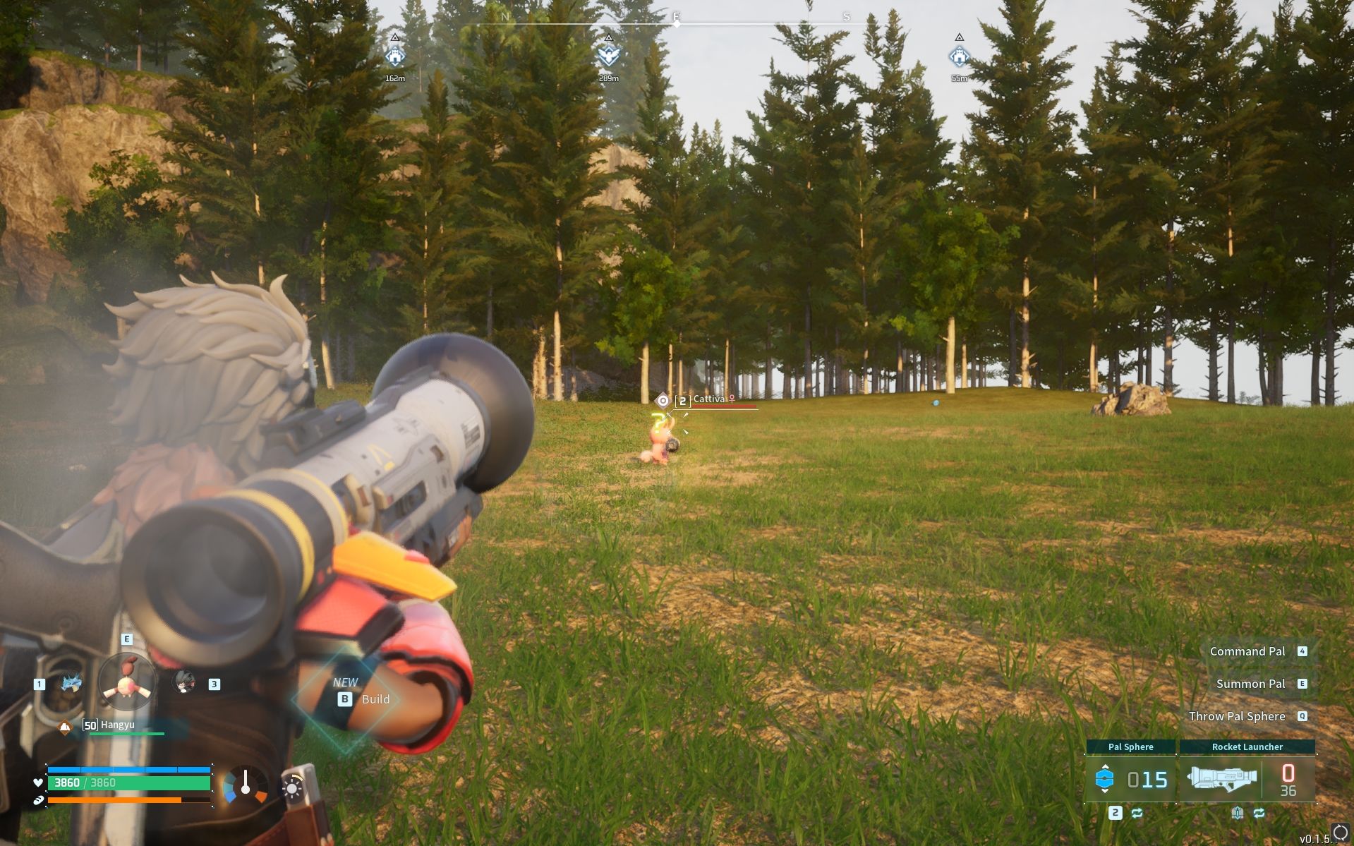 A player firing Legendary Rocket launcher at Cattiva in Palworld