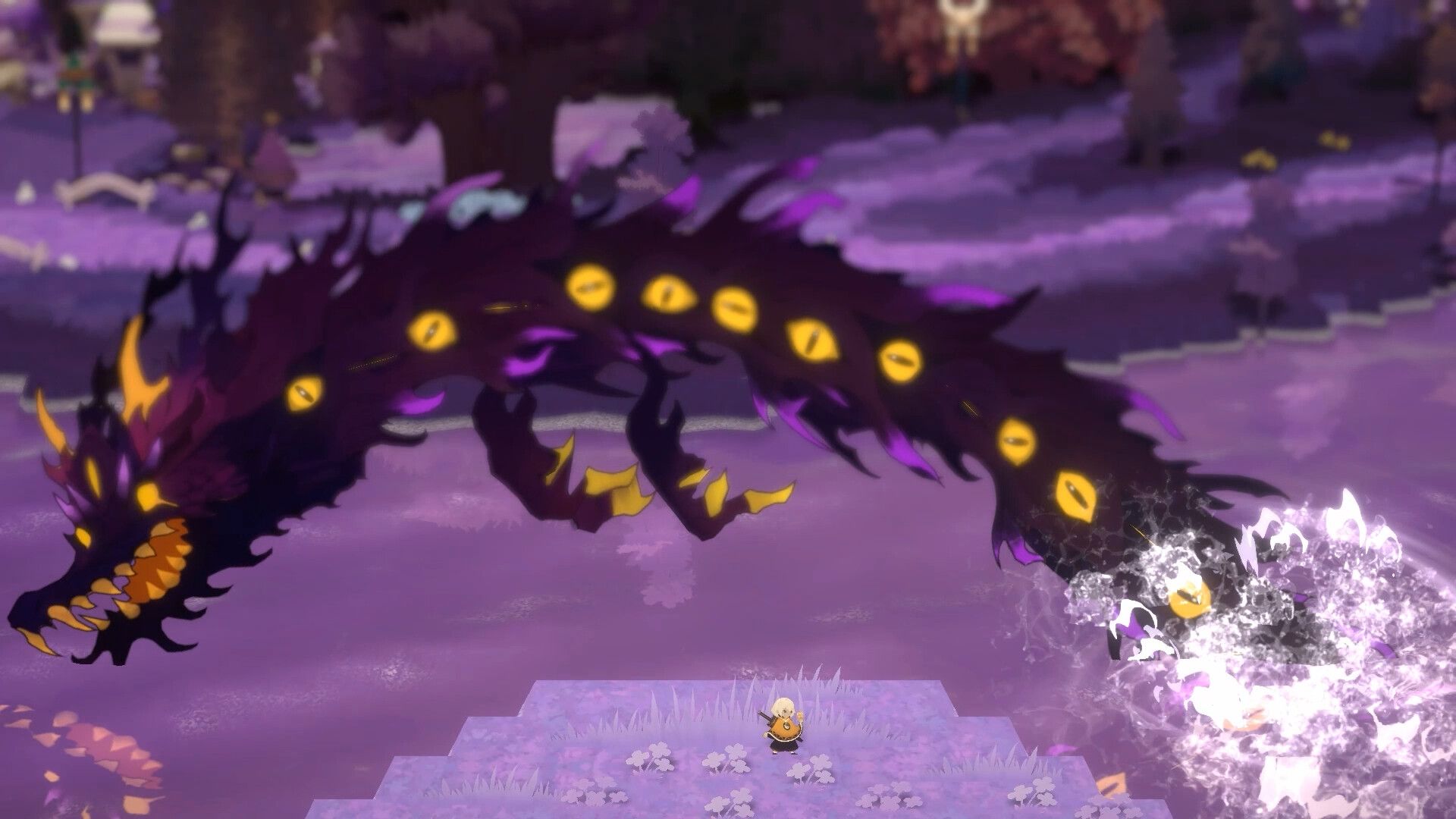 A player stood in front of a large dragon in Home of the Yokai.