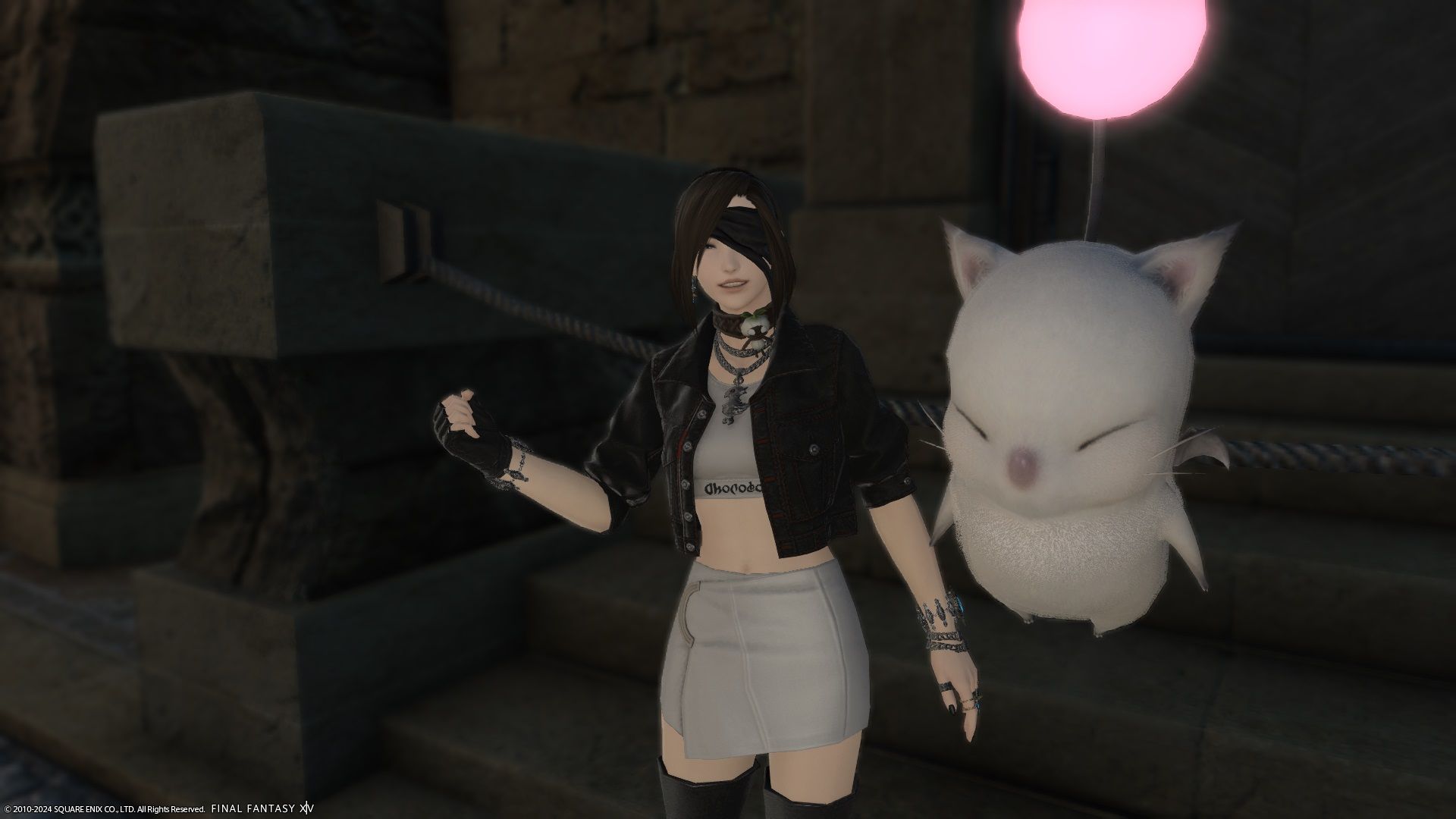 A player using the Haurchefant emote beside a Moogle in Final Fantasy 14.