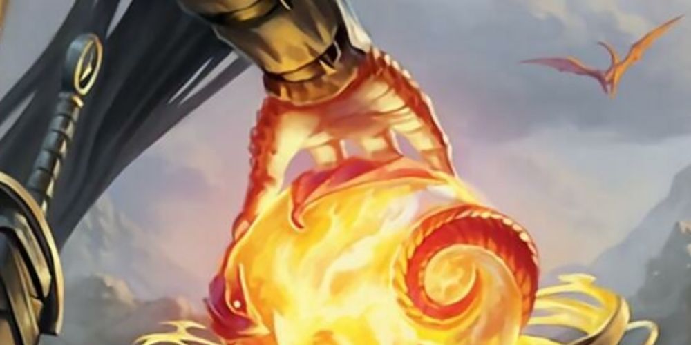 A scaled hand rests atop the Carnellian Orb of Dragonkind as a Red Dragon draws near (1)