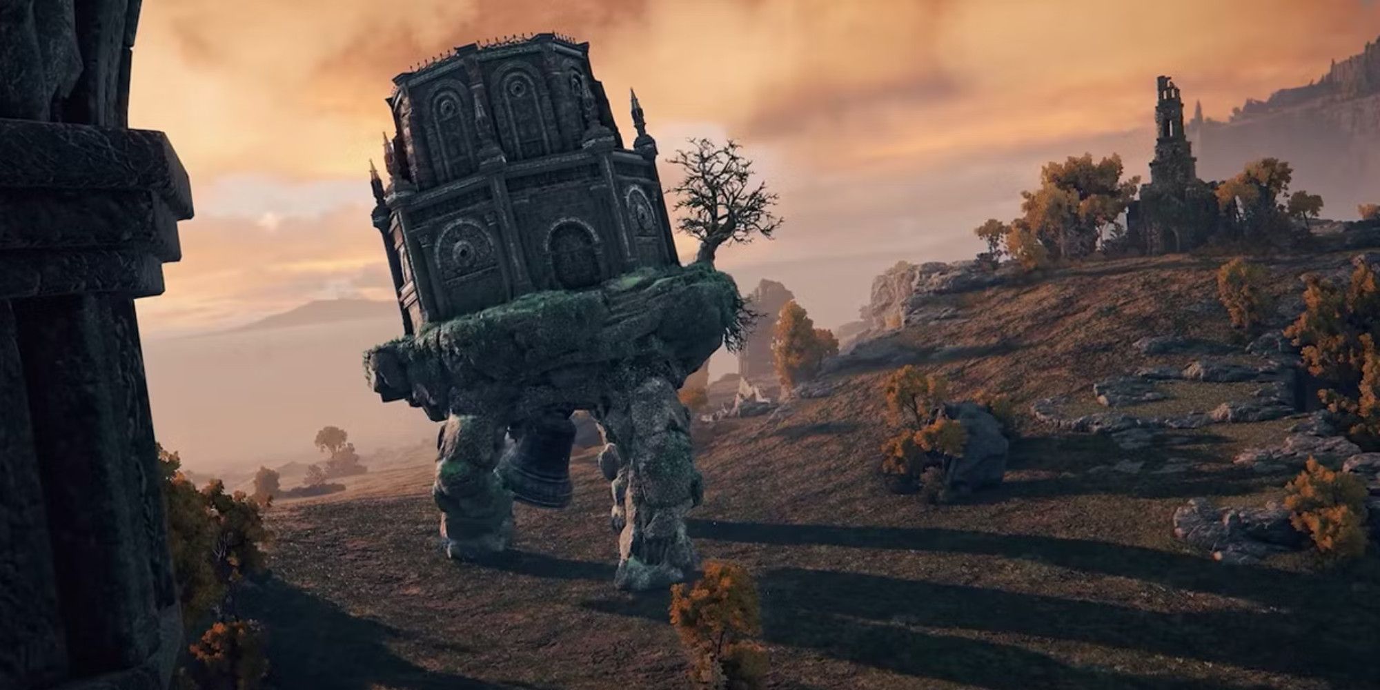 A Walking Mausoleum in a barren field with a sunset in the background in Elden Ring