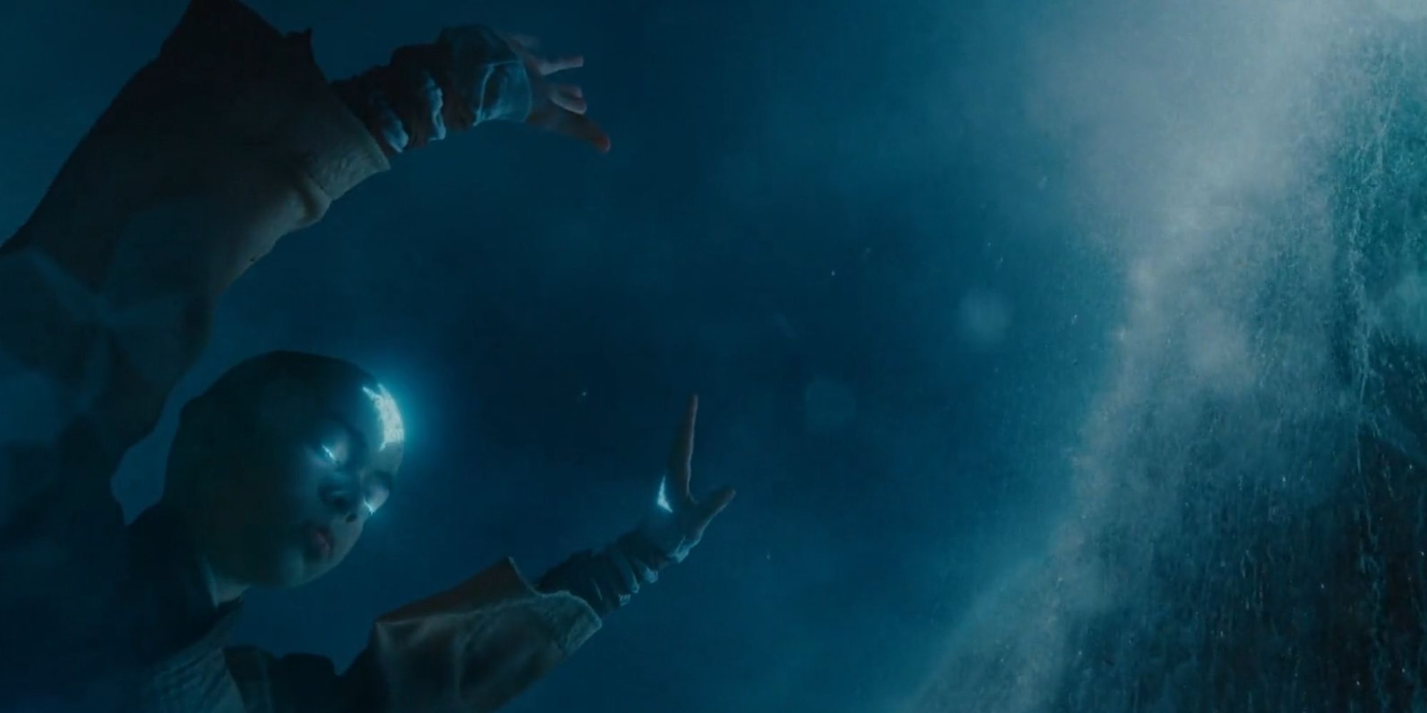 Aang in the last airbender live action movie making a big wave when the fire nation attacked the northern water tribe