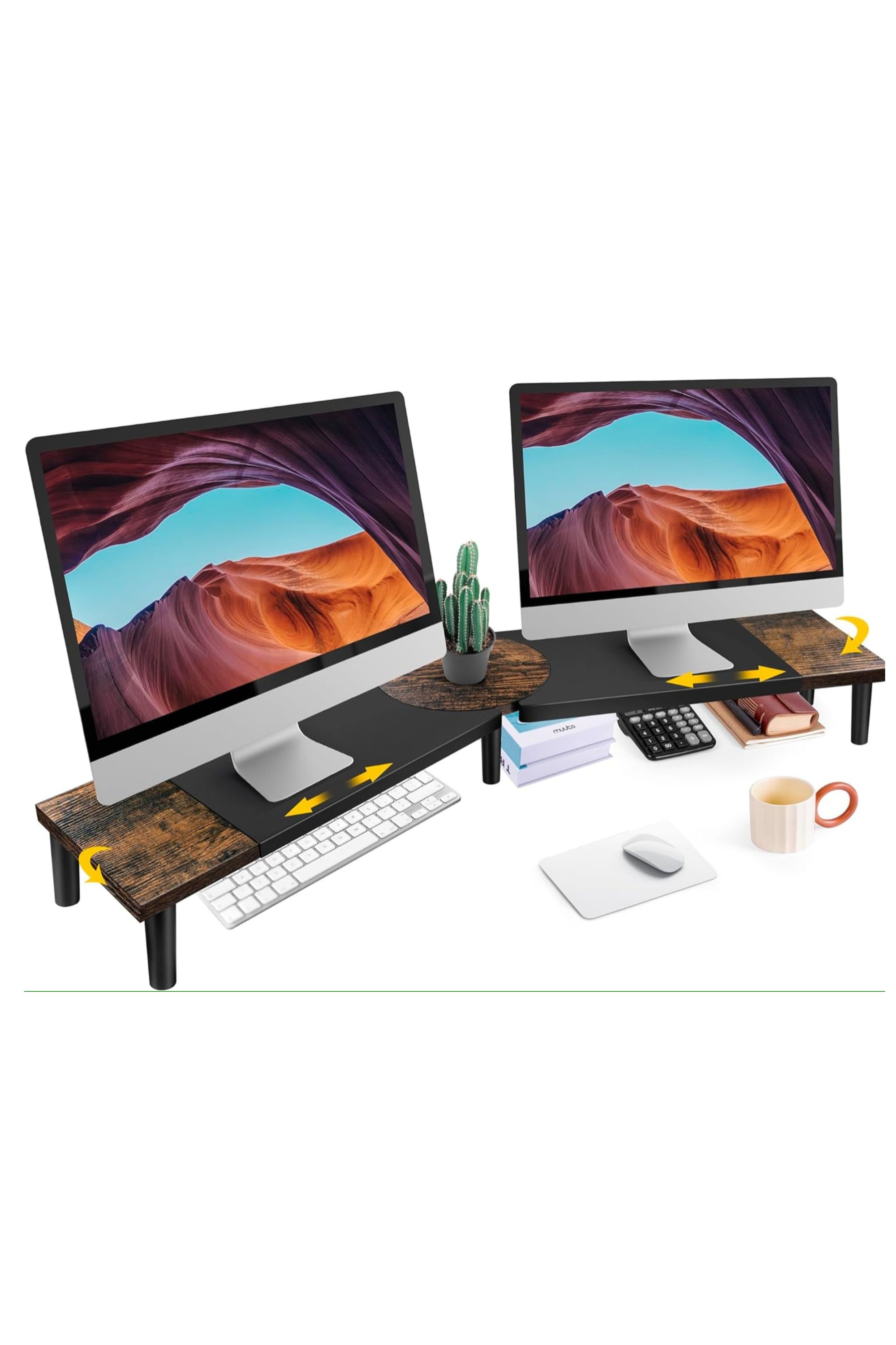 A rustic brown Across-Star dual-monitor riser, bending in the middle with other items added to help show scale.