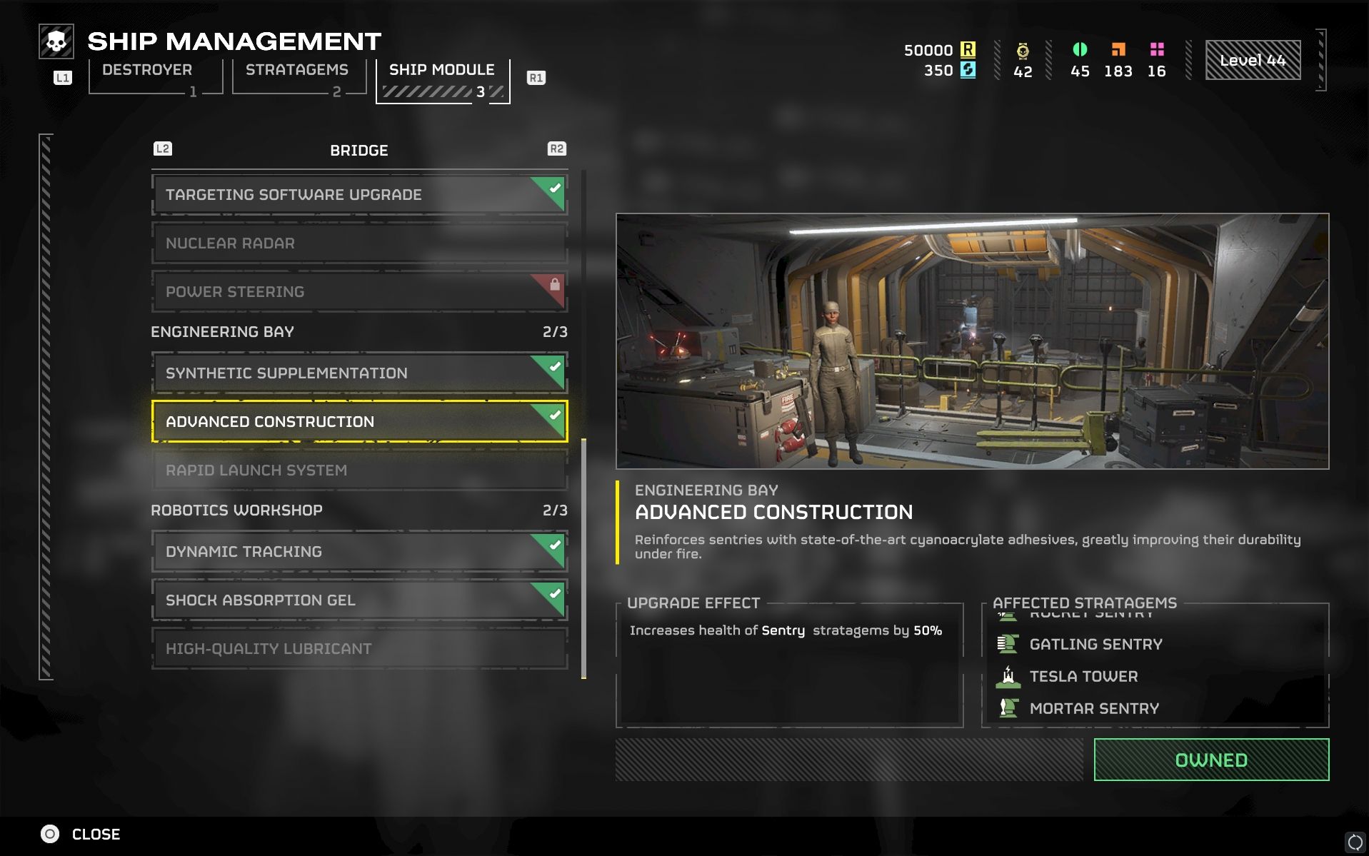 Advanced Construction upgrade screen for Sentry in Helldivers 2