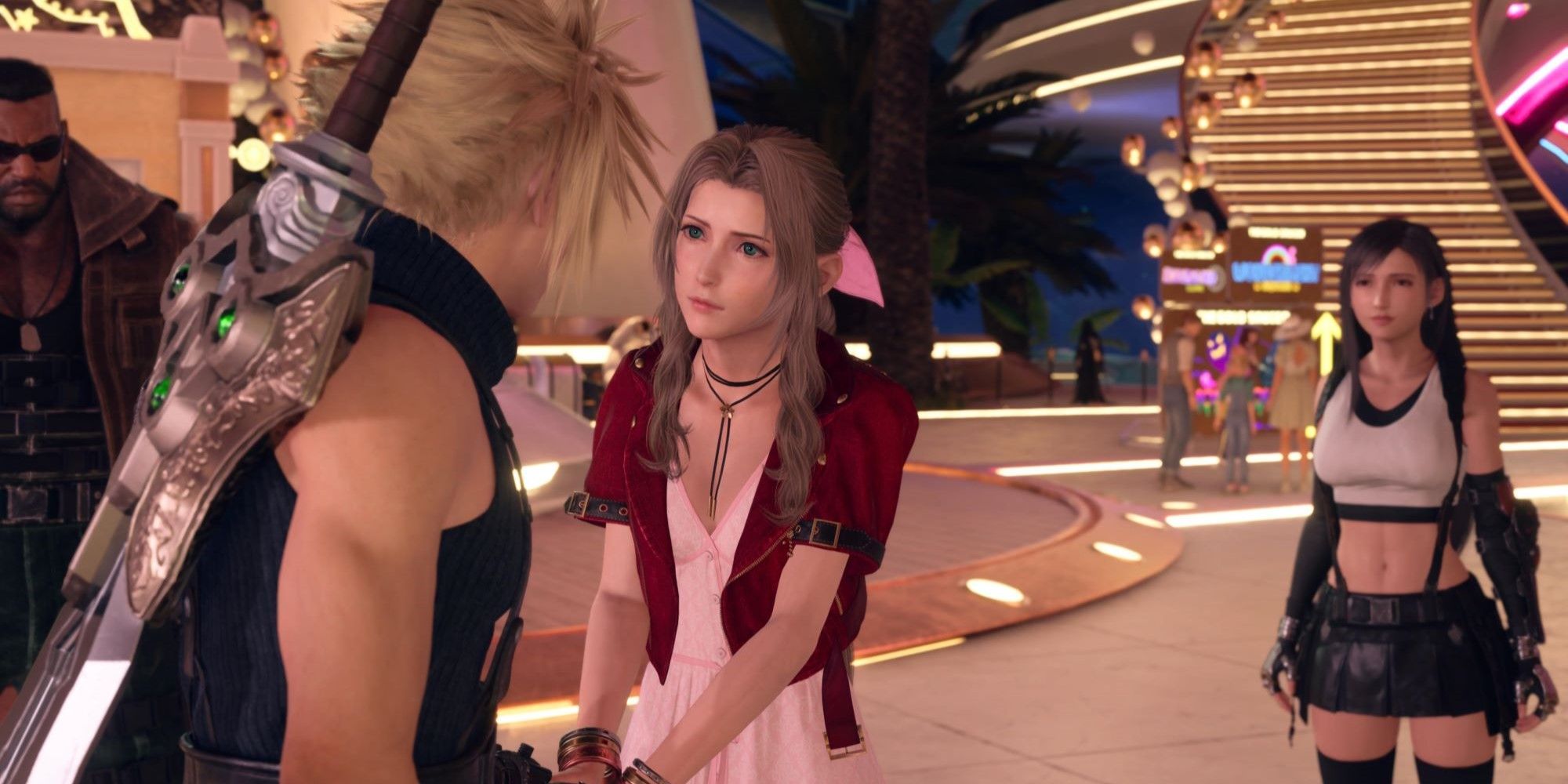 Aerith holding Cloud's hand at Gold Saucer in Final Fantasy 7 Rebirth