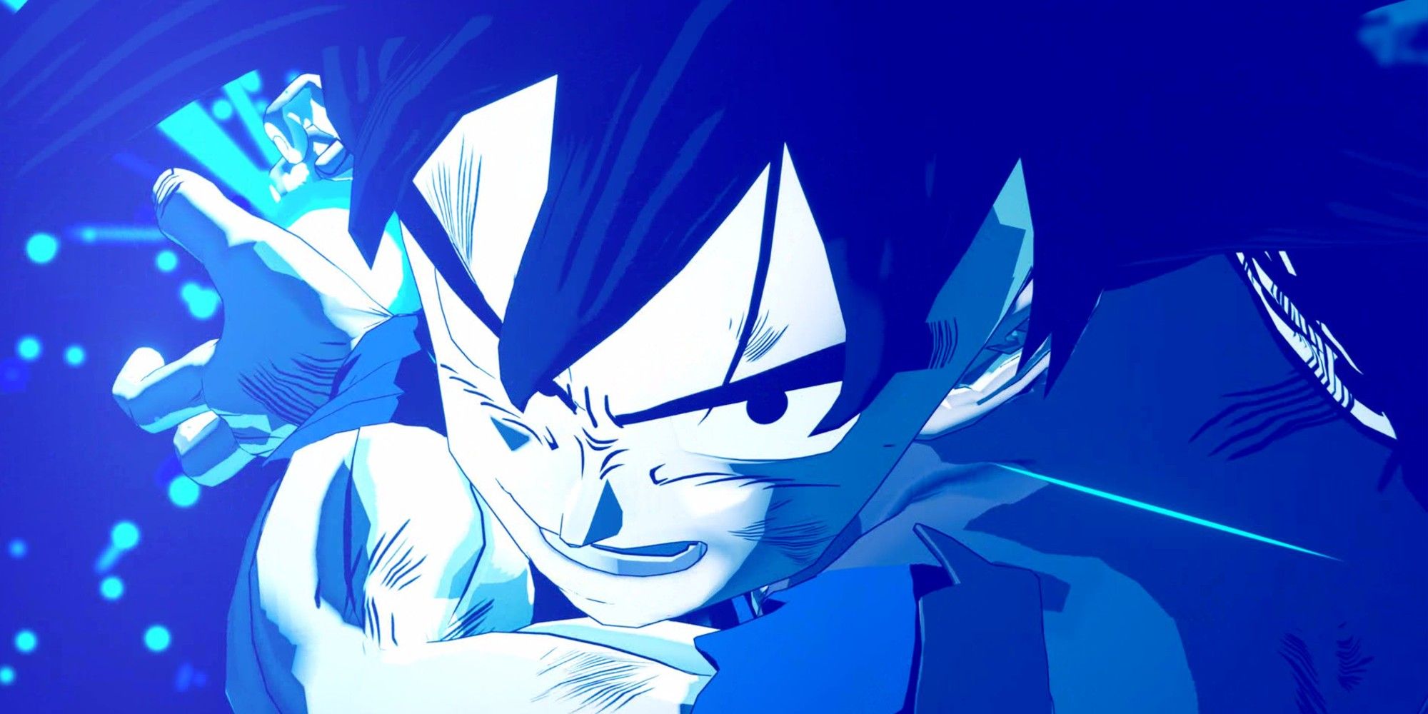 Close up of Goku in blue lighting.