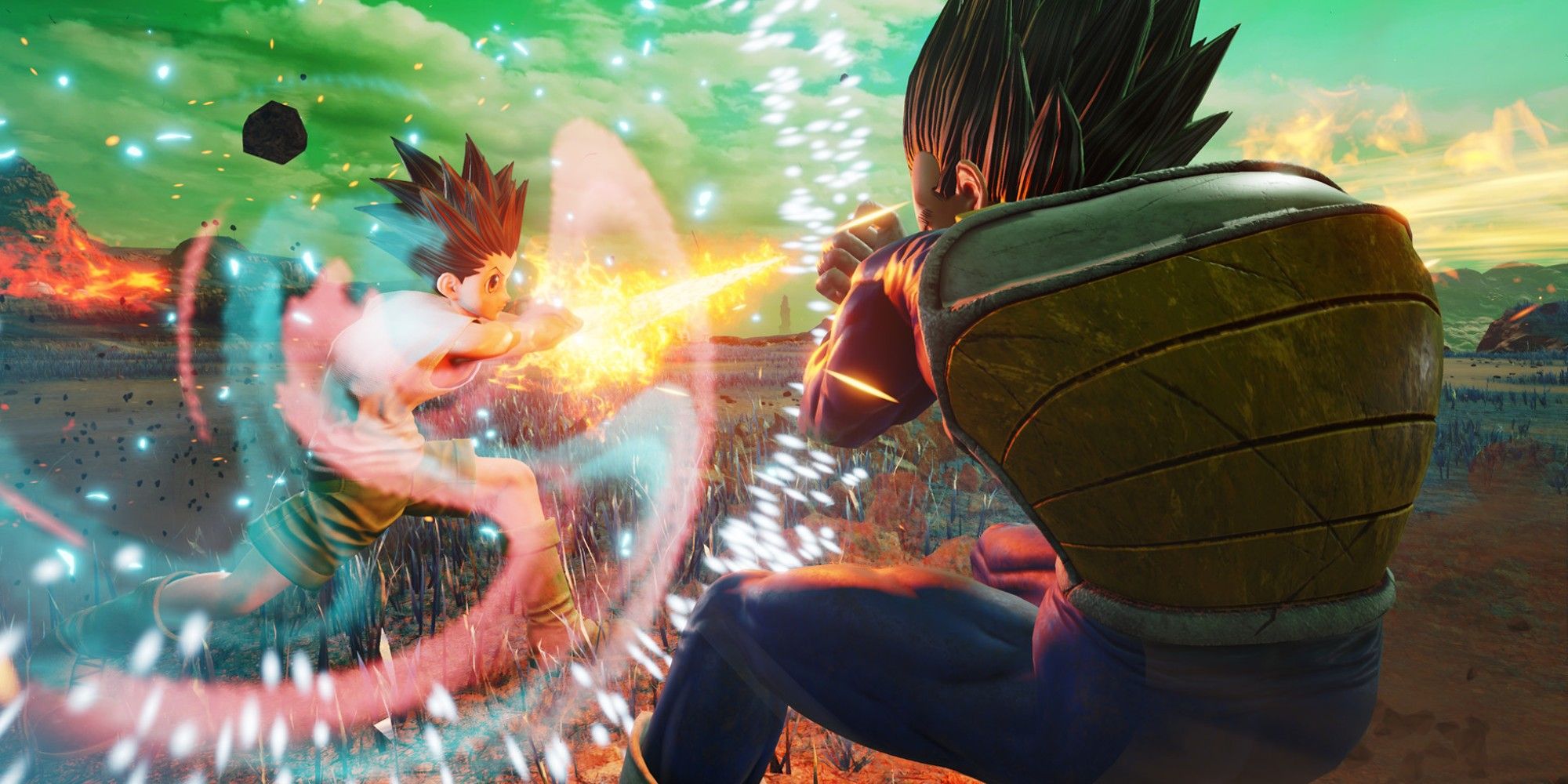 Goku and Vegeta fighting on a volcanic field. 