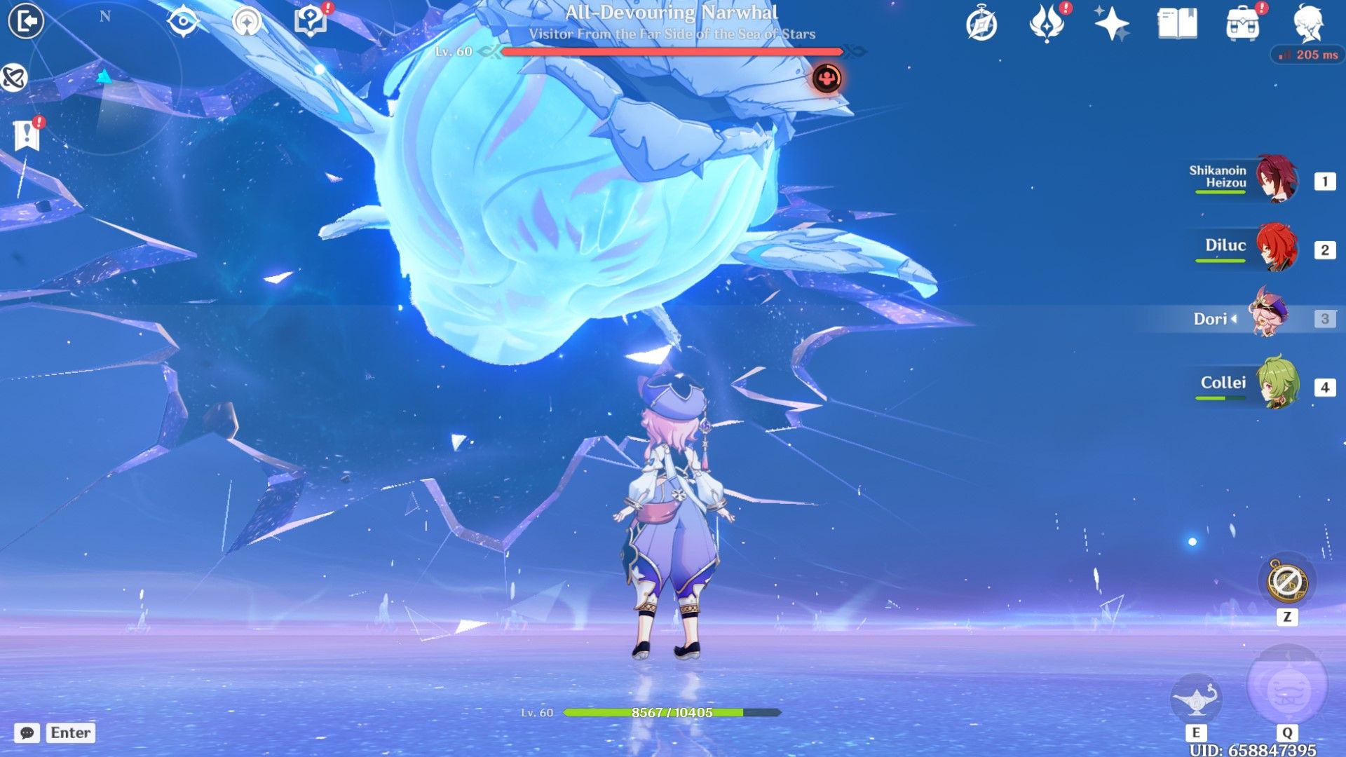 Dori faces down the All-Devouring Narwhal in Genshin Impact.